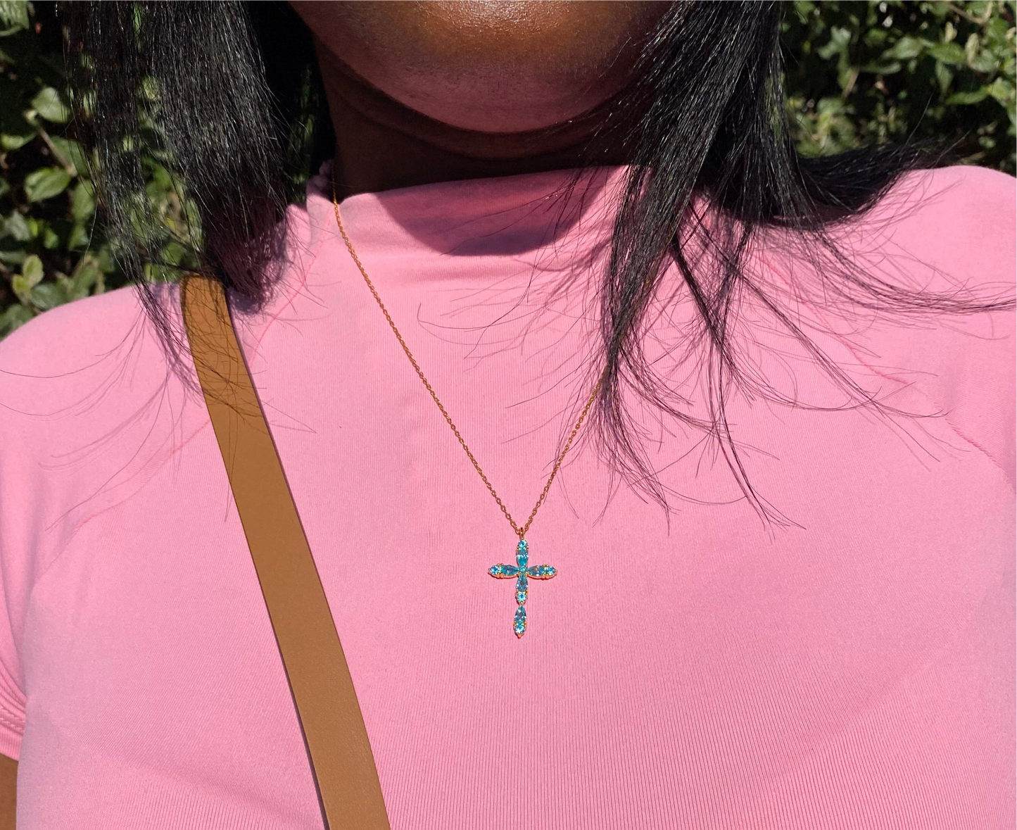 Divine Cross Pendant in 18K gold-plated 925 sterling silver with cubic zirconia diamonds on model
